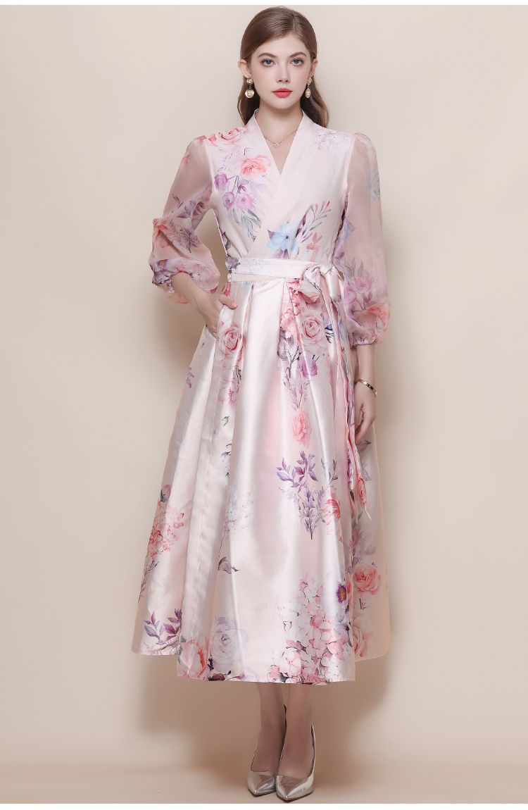 Court style lantern sleeve dress printing long dress