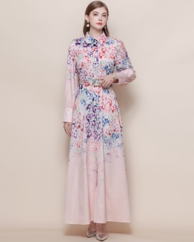 Long printing formal dress retro breasted dress