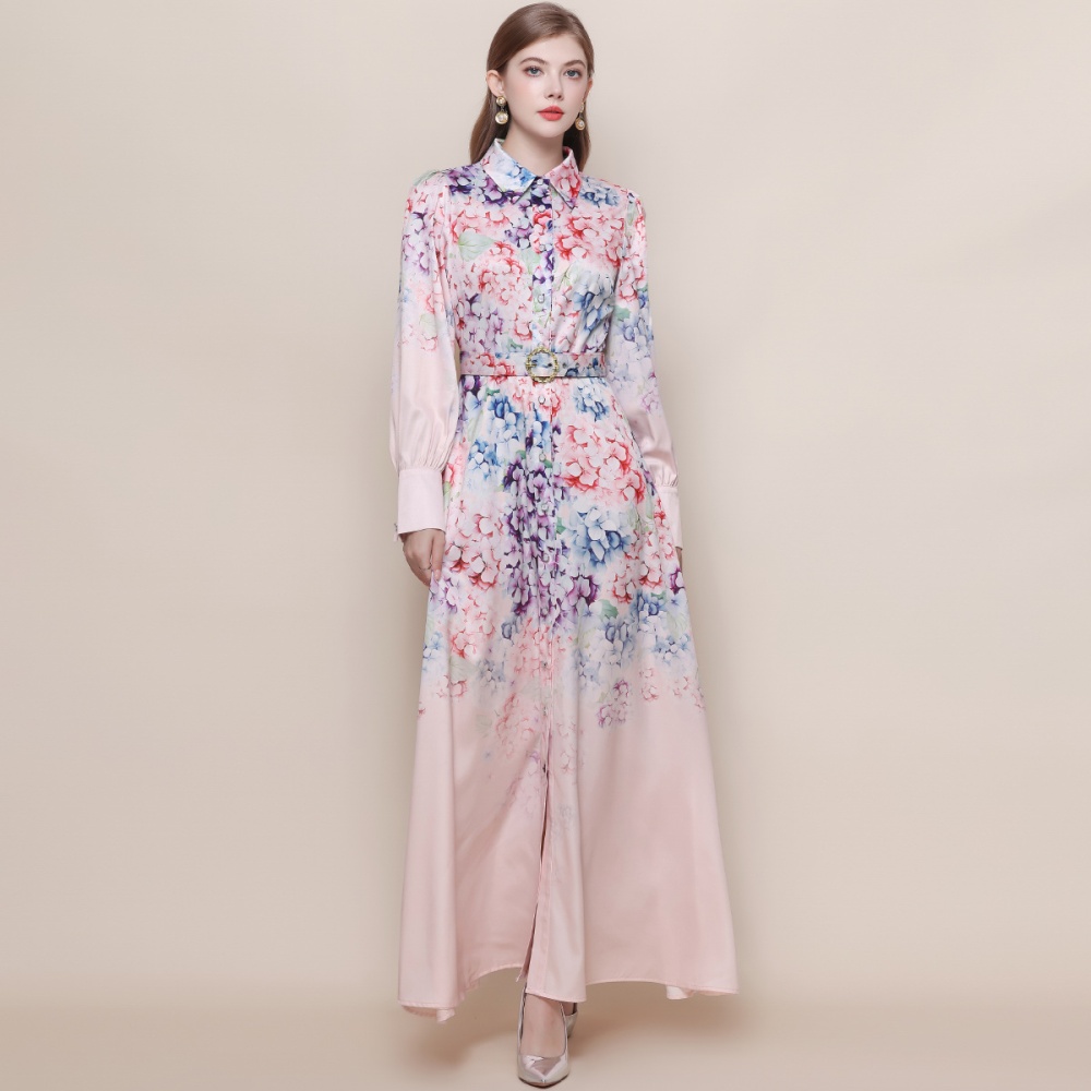 Long printing formal dress retro breasted dress