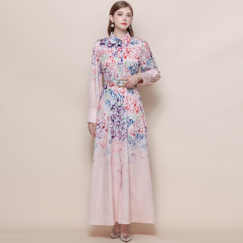 Long printing formal dress retro breasted dress