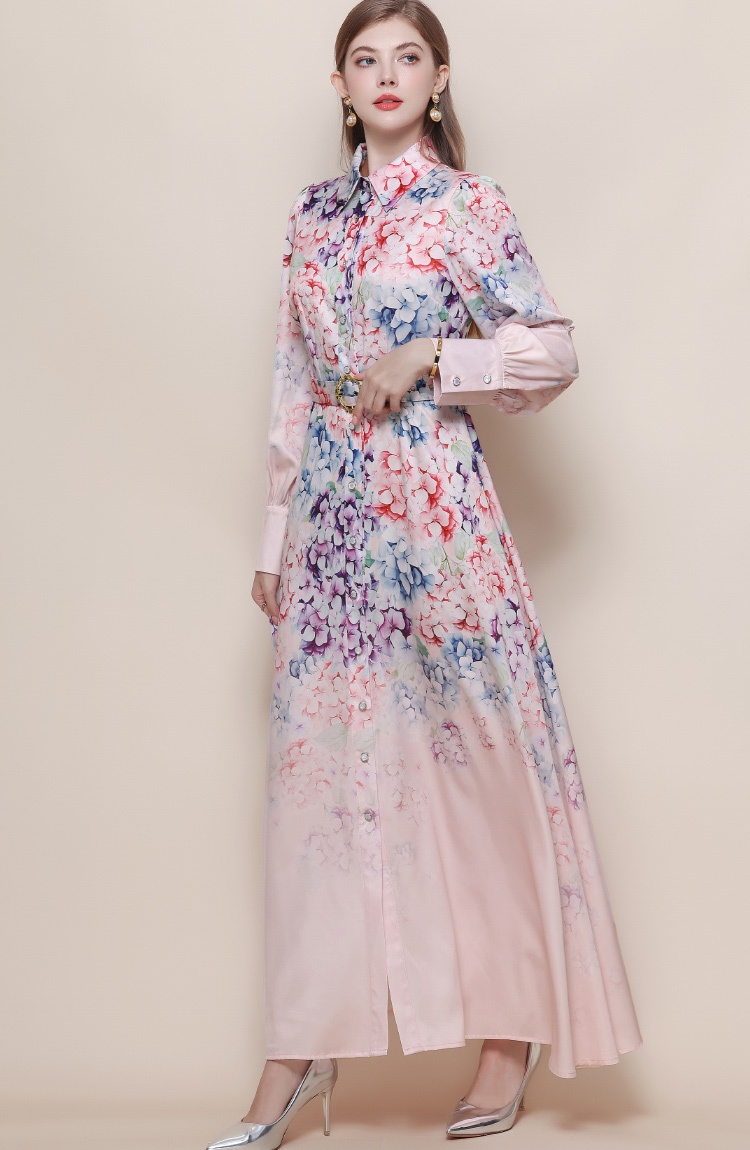 Long printing formal dress retro breasted dress