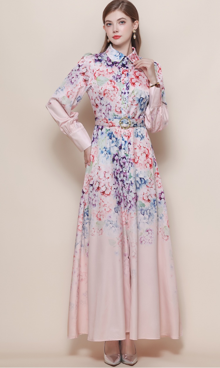 Long printing formal dress retro breasted dress