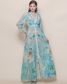 V-neck printing dress big skirt long dress for women