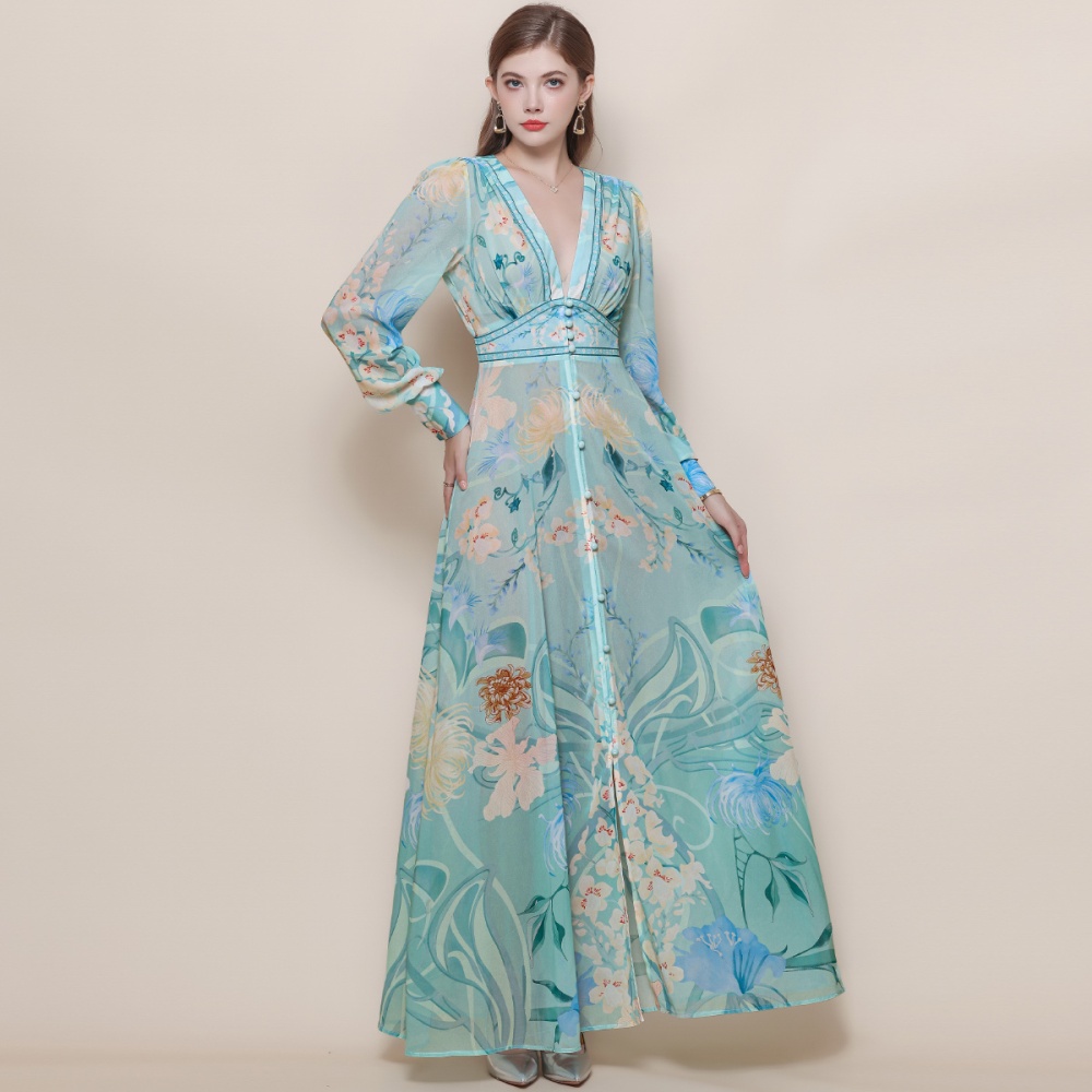 V-neck printing dress big skirt long dress for women