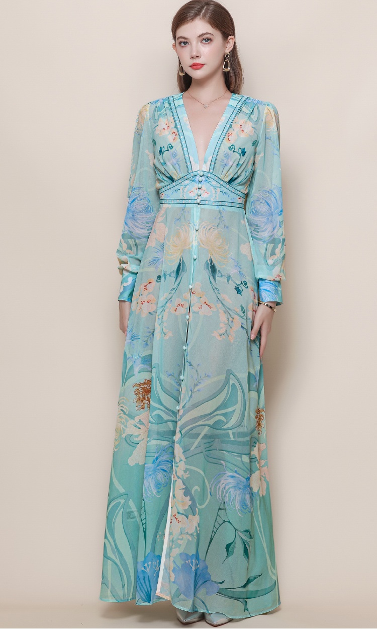 V-neck printing dress big skirt long dress for women