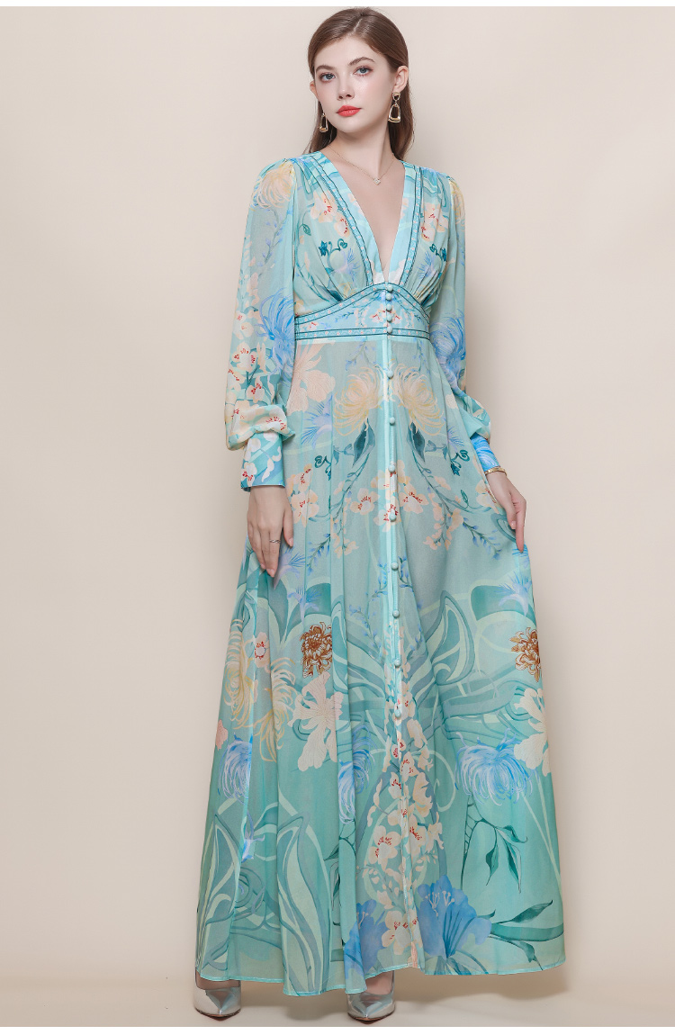 V-neck printing dress big skirt long dress for women