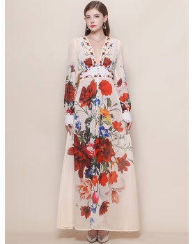 Lantern sleeve court style long dress V-neck dress for women