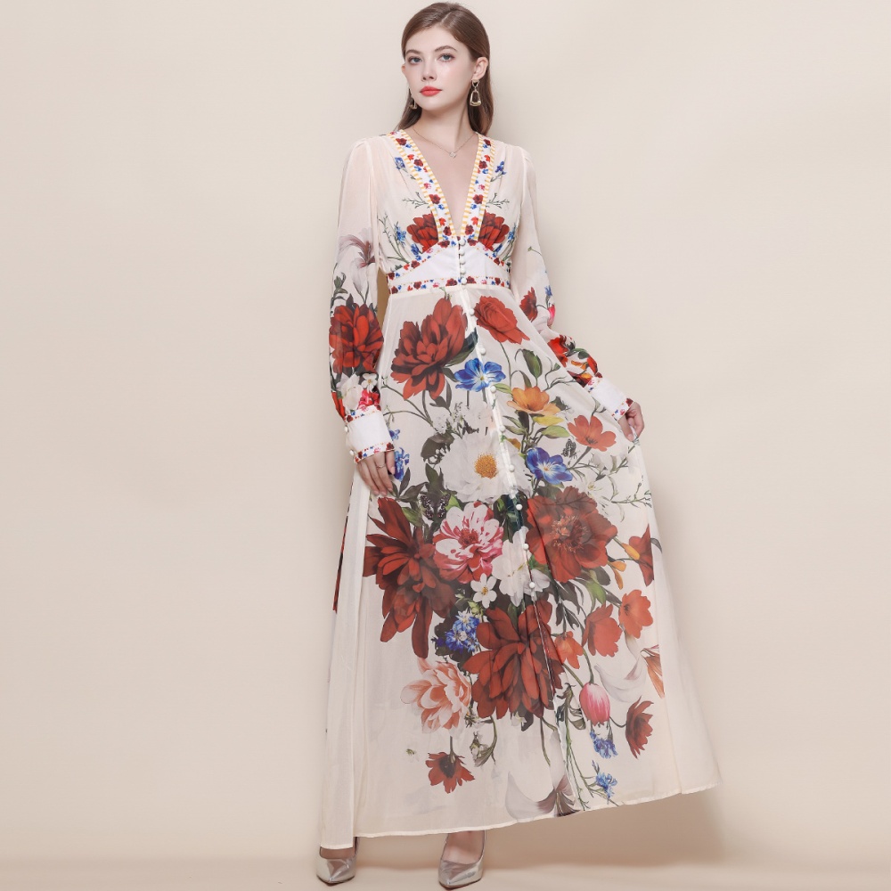 Lantern sleeve court style long dress V-neck dress for women