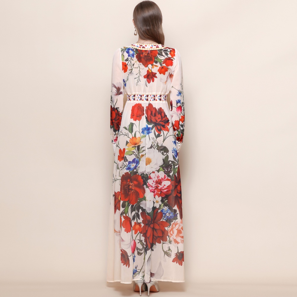 Lantern sleeve court style long dress V-neck dress for women