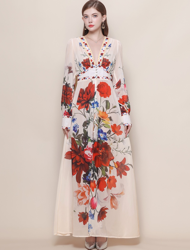 Lantern sleeve court style long dress V-neck dress for women