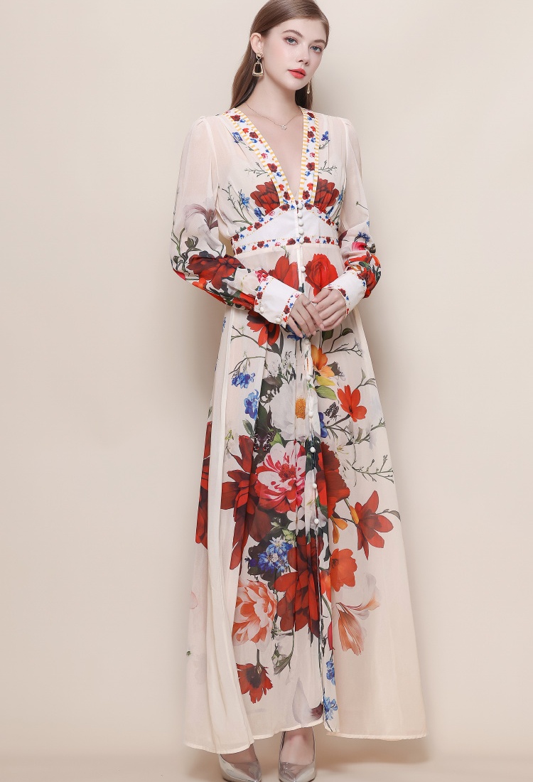 Lantern sleeve court style long dress V-neck dress for women