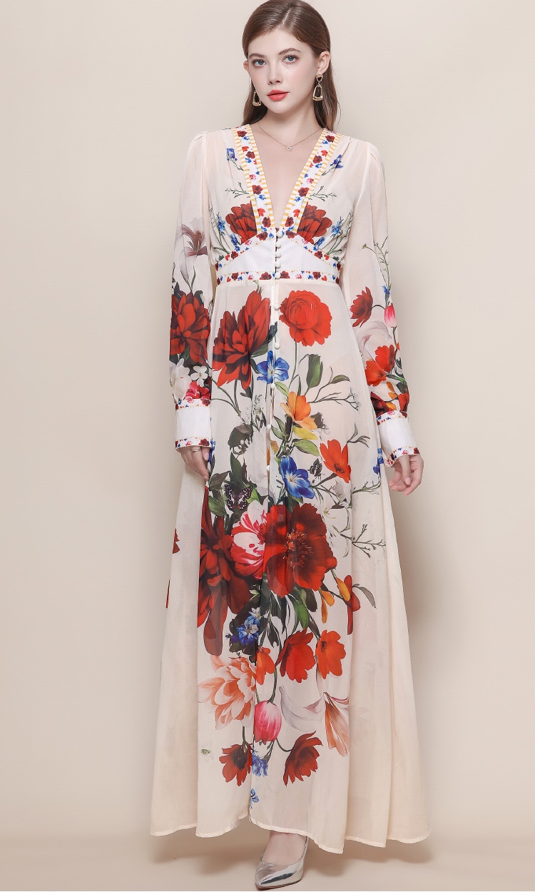 Lantern sleeve court style long dress V-neck dress for women