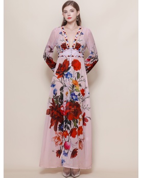 Court style printing long dress V-neck dress for women