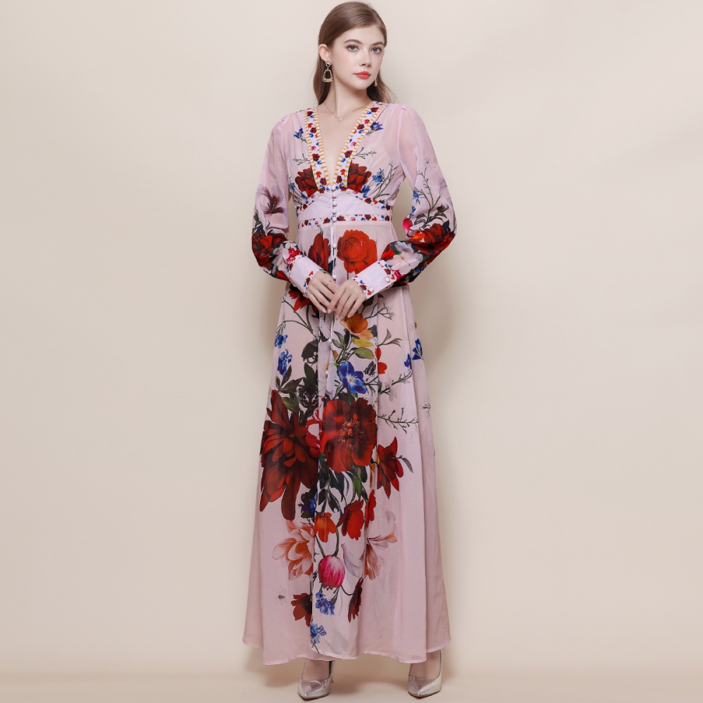 Court style printing long dress V-neck dress for women