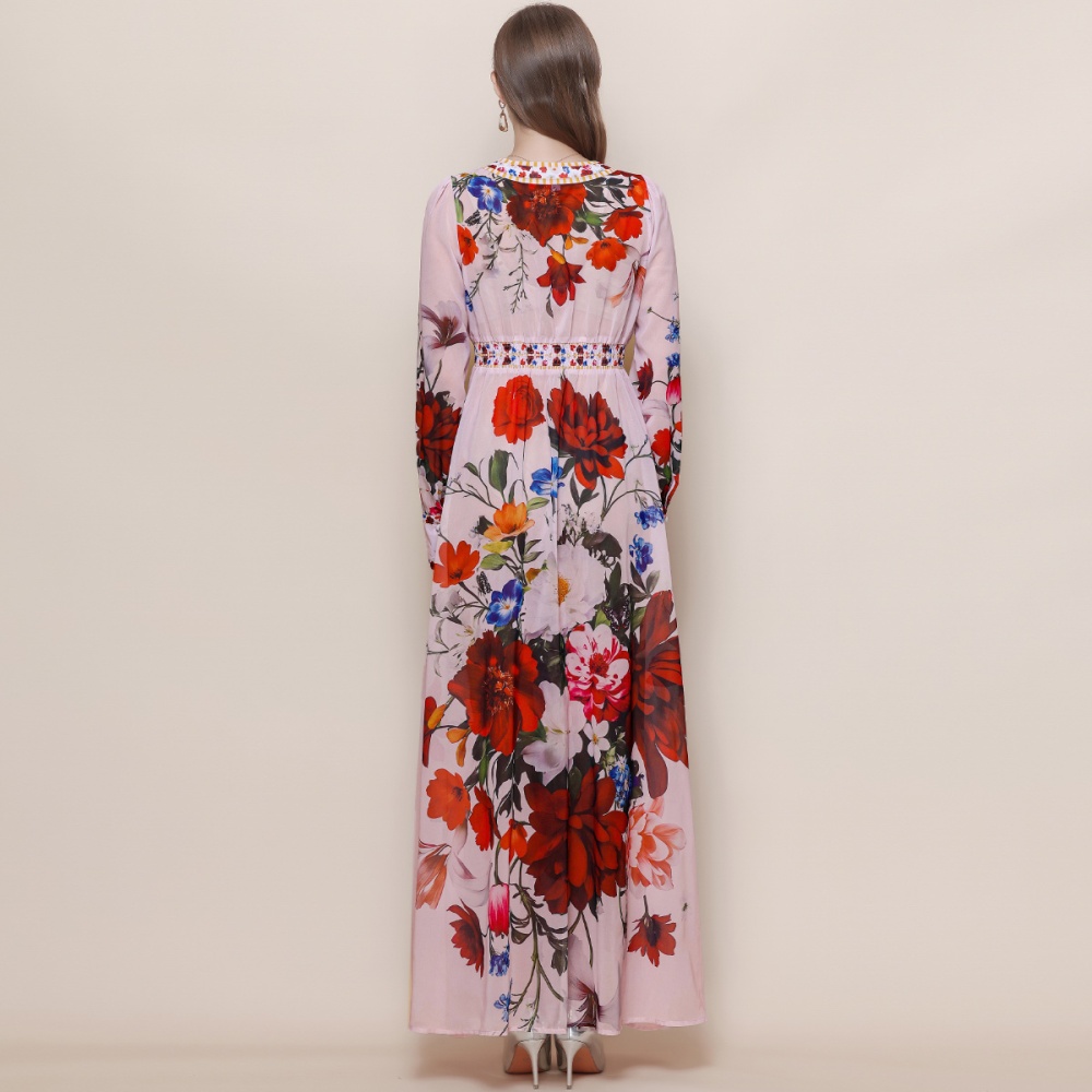 Court style printing long dress V-neck dress for women