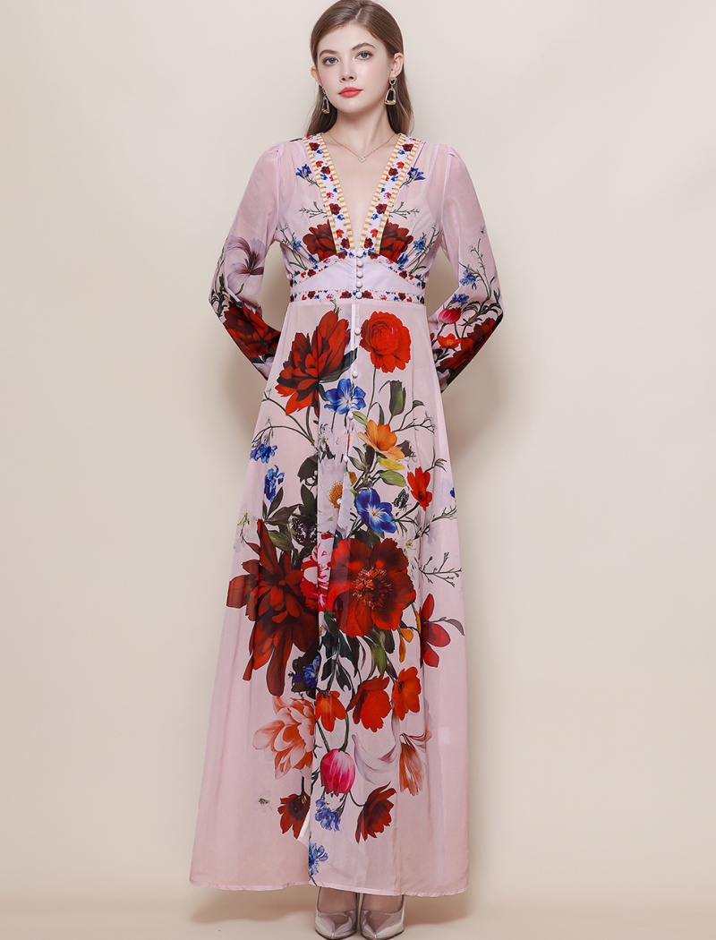 Court style printing long dress V-neck dress for women