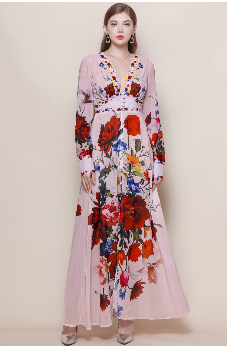 Court style printing long dress V-neck dress for women