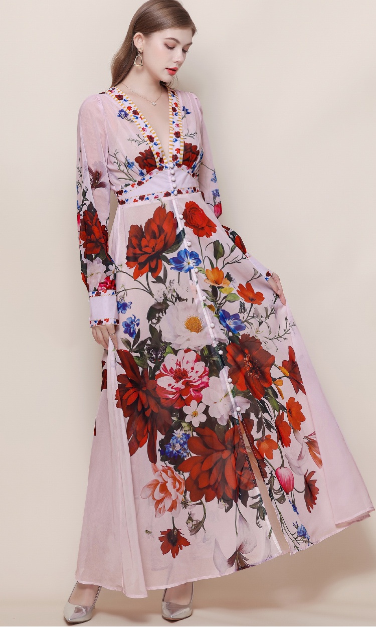 Court style printing long dress V-neck dress for women