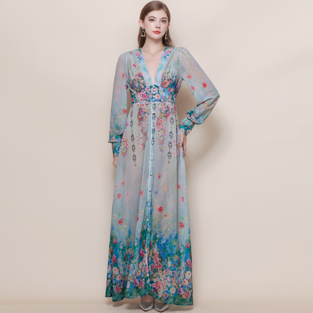 Big skirt V-neck dress lantern sleeve long dress