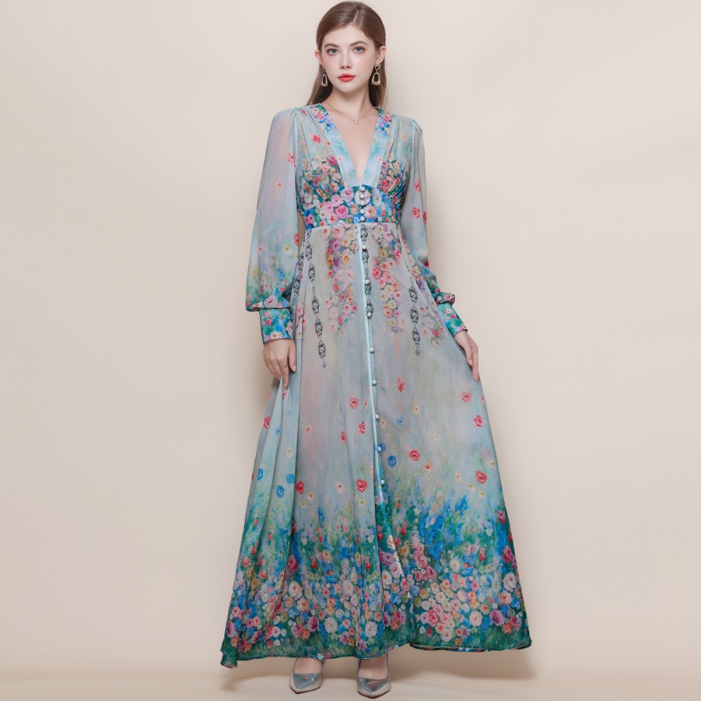 Big skirt V-neck dress lantern sleeve long dress