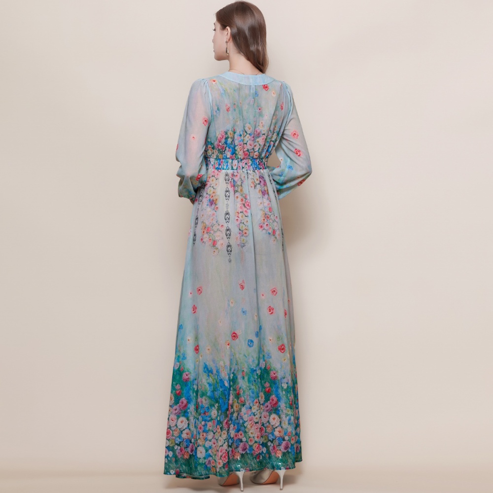 Big skirt V-neck dress lantern sleeve long dress