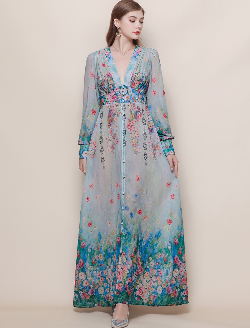 Big skirt V-neck dress lantern sleeve long dress