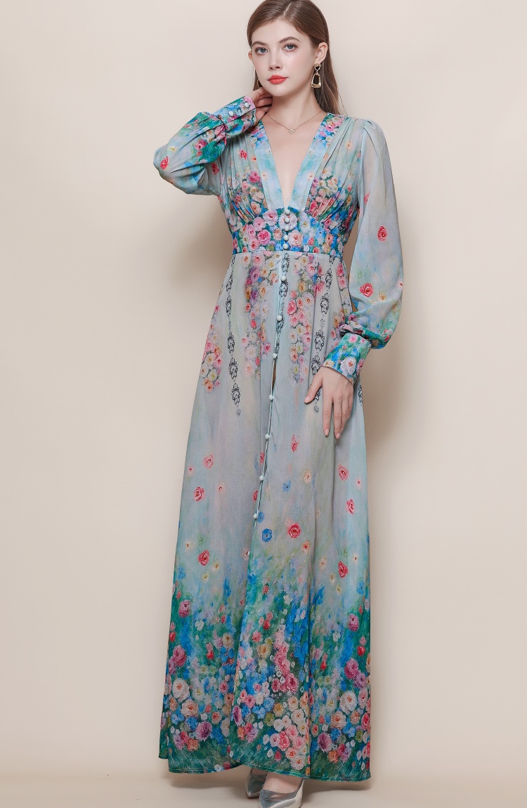 Big skirt V-neck dress lantern sleeve long dress