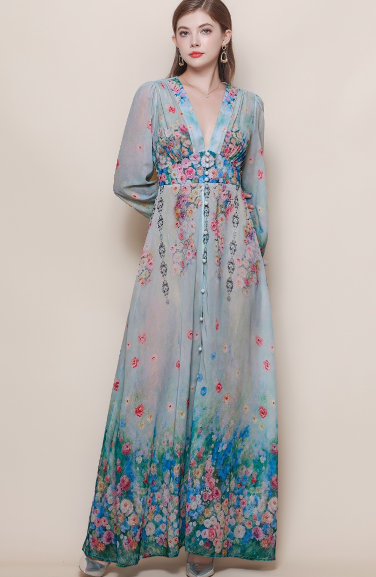 Big skirt V-neck dress lantern sleeve long dress