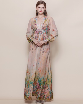 Frenum lantern sleeve long dress retro dress for women