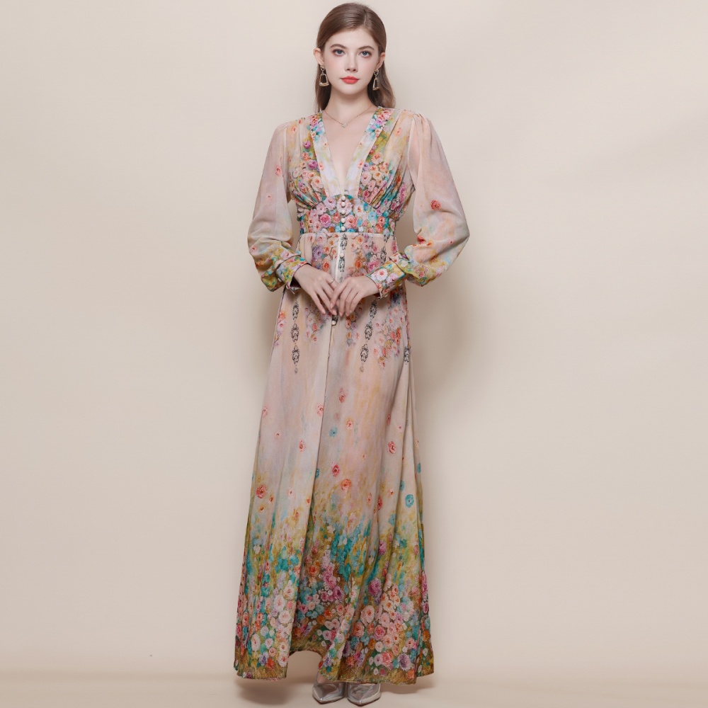 Frenum lantern sleeve long dress retro dress for women