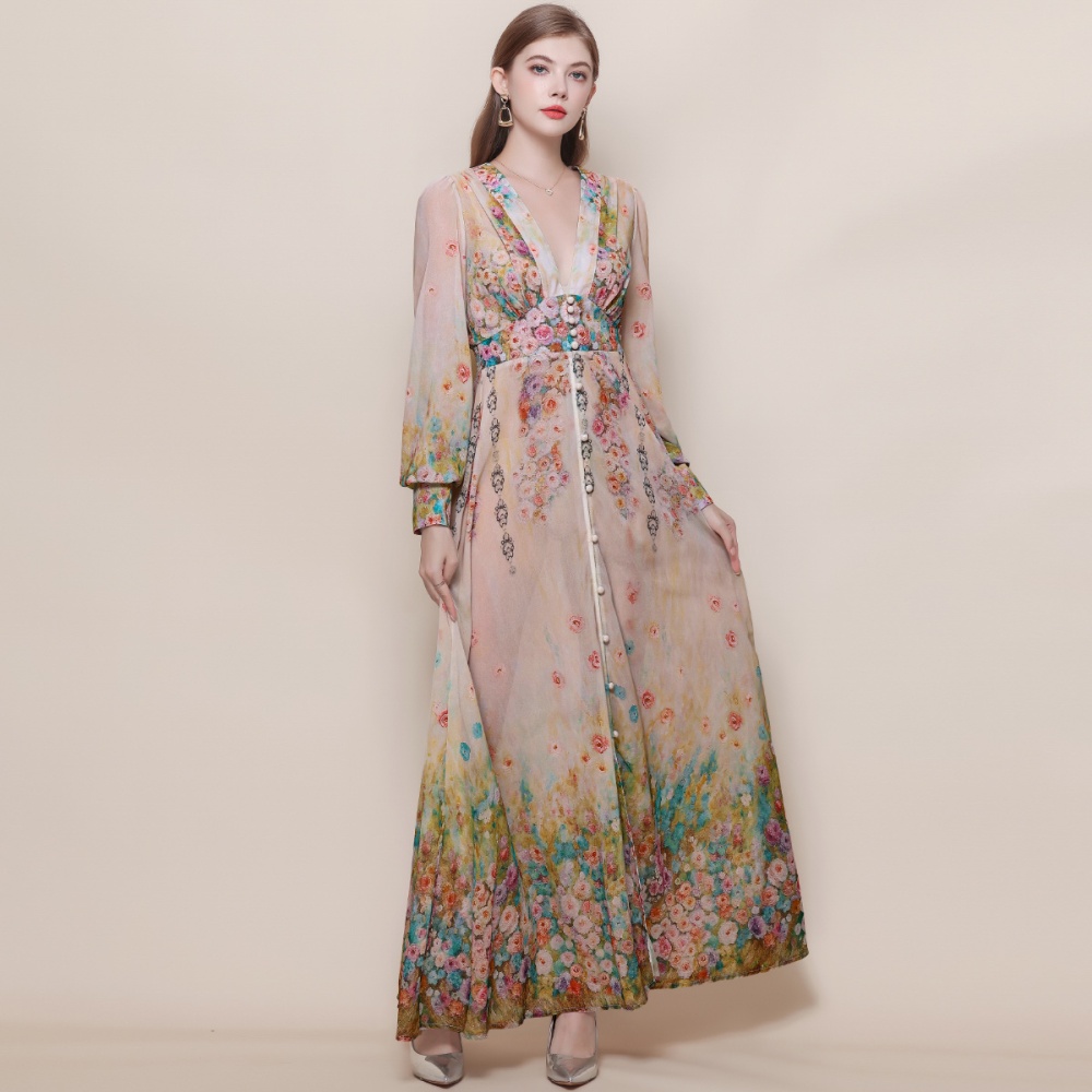 Frenum lantern sleeve long dress retro dress for women