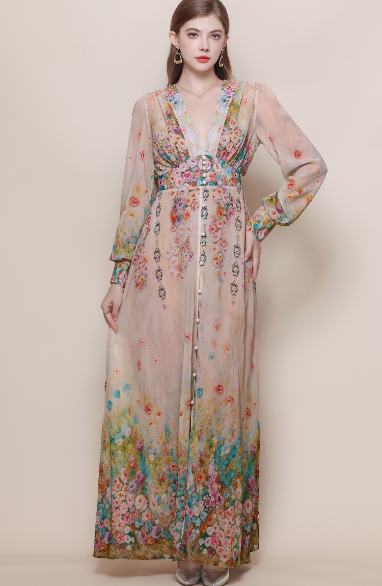 Frenum lantern sleeve long dress retro dress for women