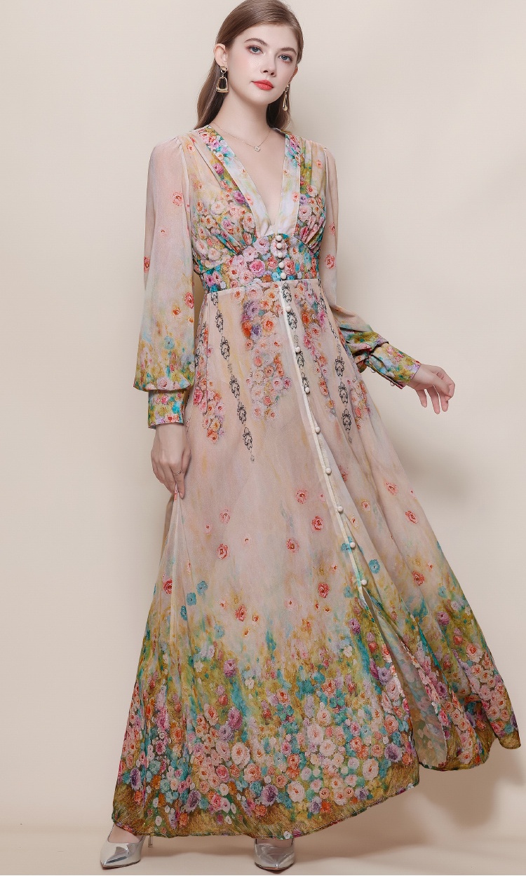 Frenum lantern sleeve long dress retro dress for women