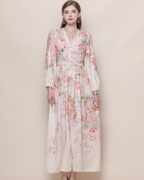 Pinched waist big skirt dress V-neck long dress