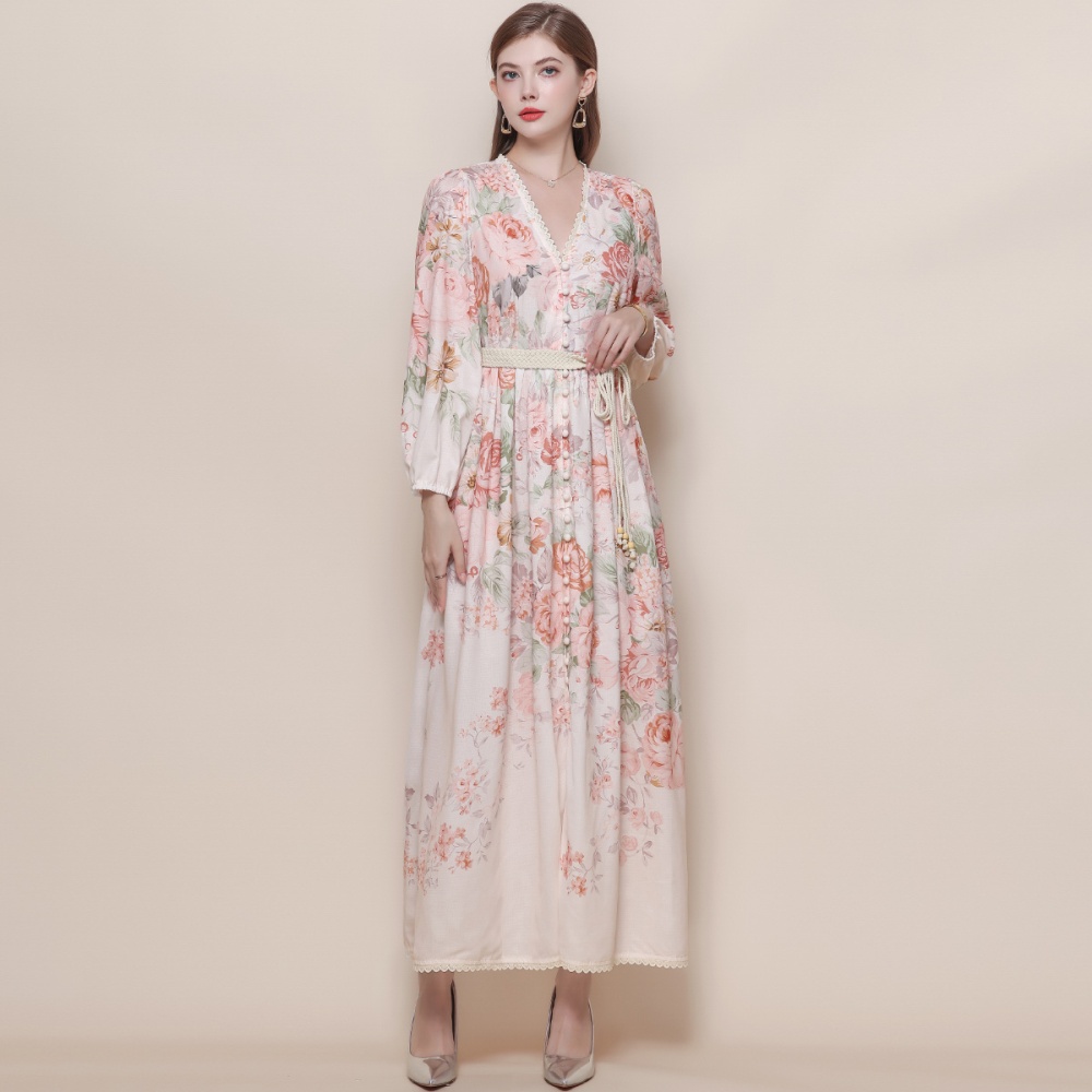 Pinched waist big skirt dress V-neck long dress