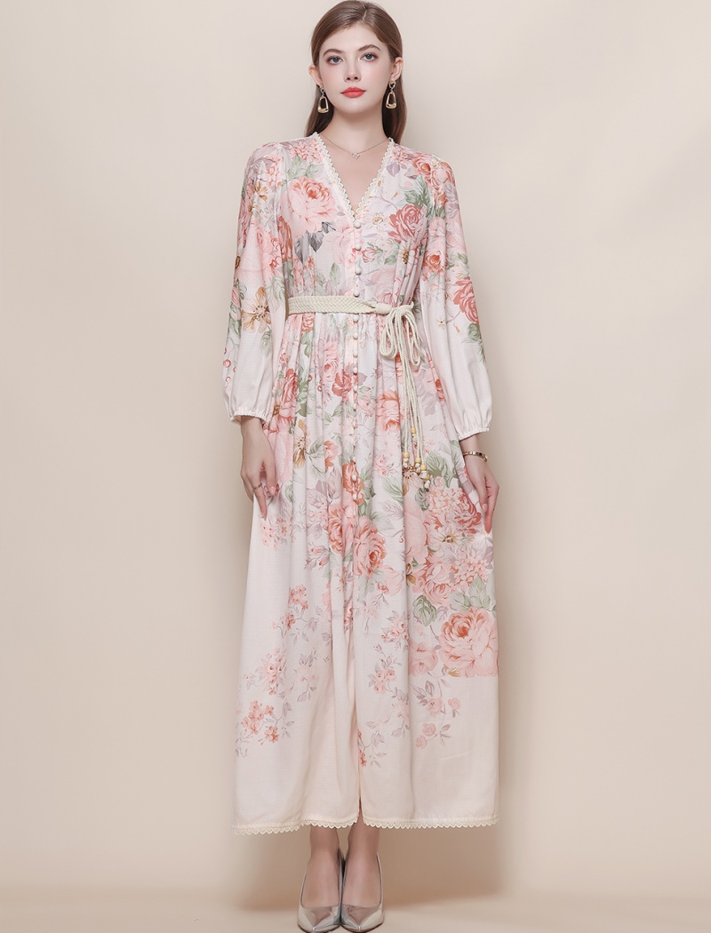 Pinched waist big skirt dress V-neck long dress