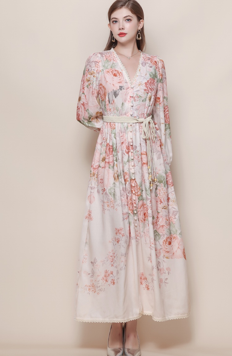 Pinched waist big skirt dress V-neck long dress