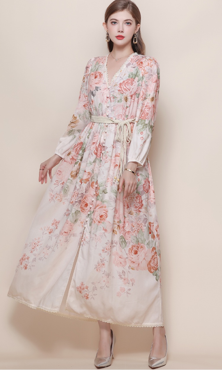 Pinched waist big skirt dress V-neck long dress