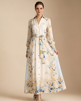 Pinched waist printing frenum vacation seaside dress