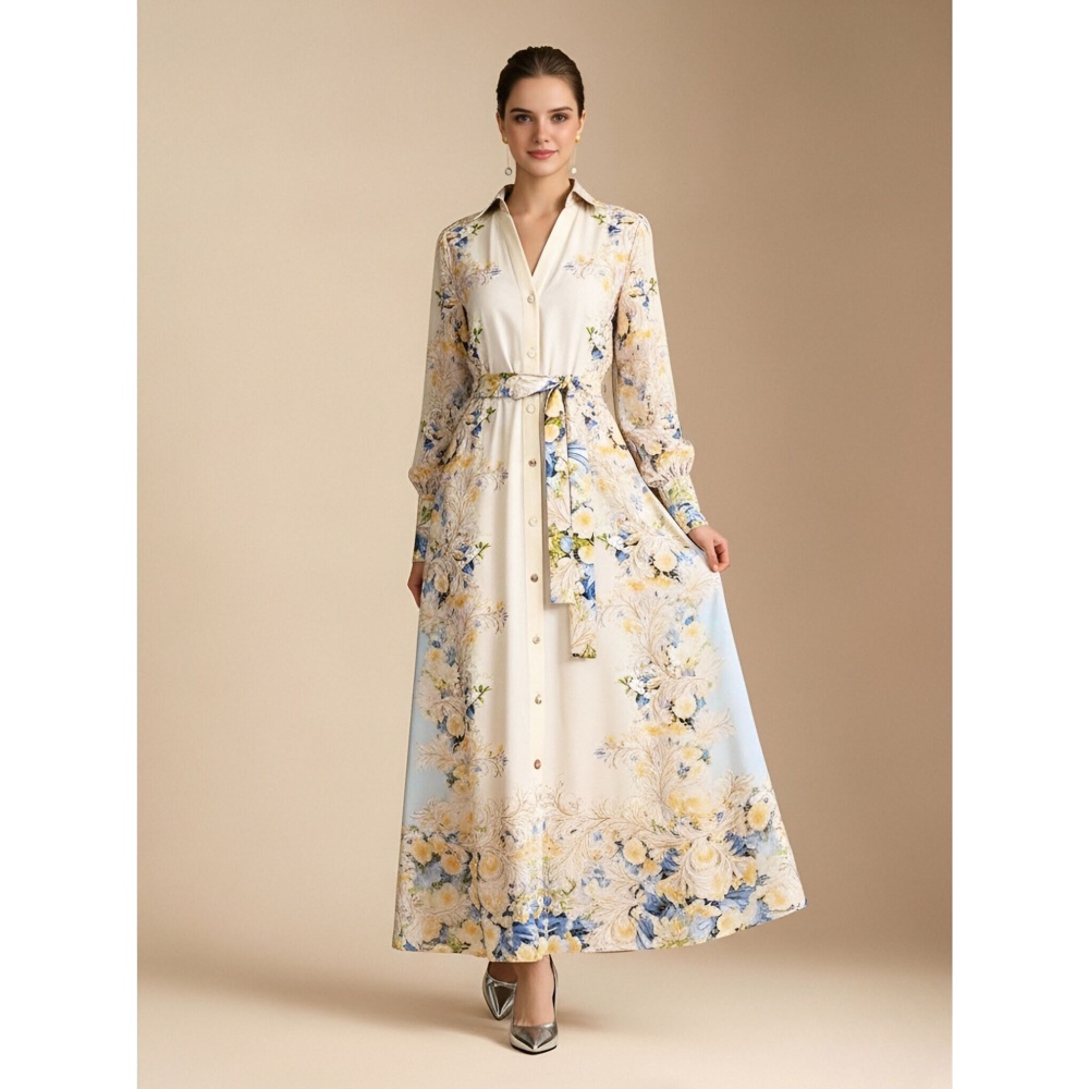 Pinched waist printing frenum vacation seaside dress