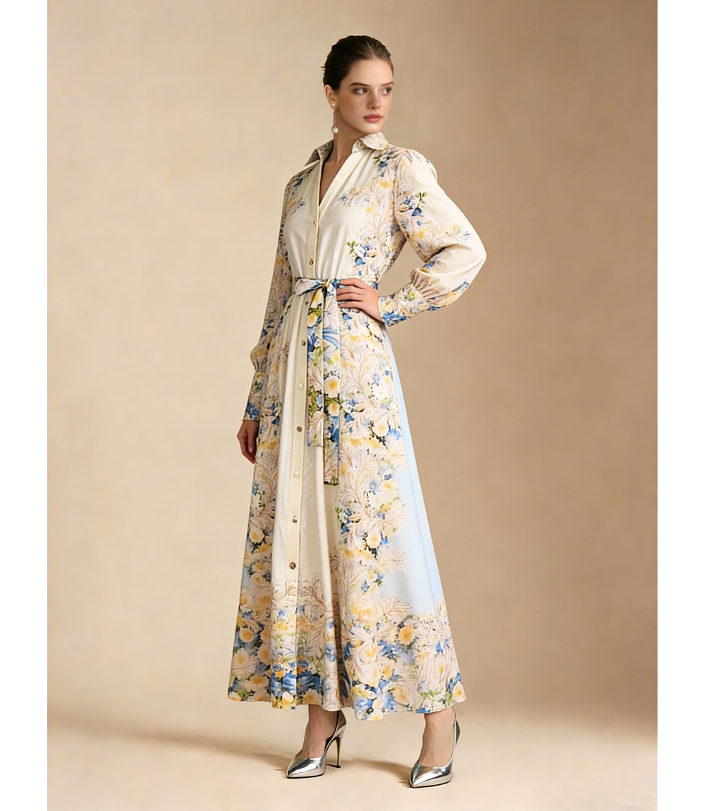 Pinched waist printing frenum vacation seaside dress