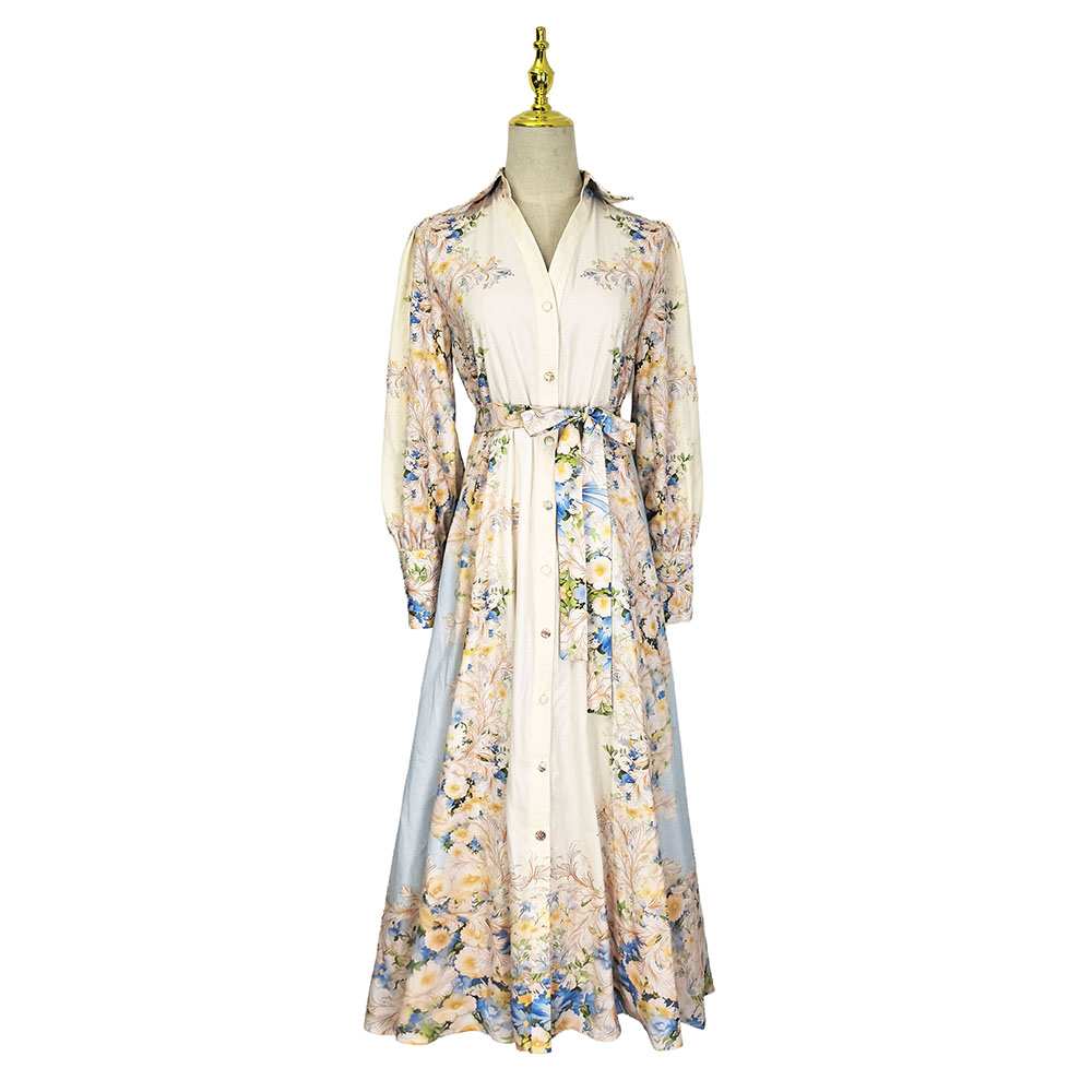 Pinched waist printing frenum vacation seaside dress