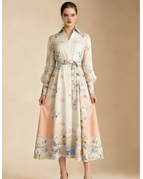 Printing single-breasted seaside vacation flax dress