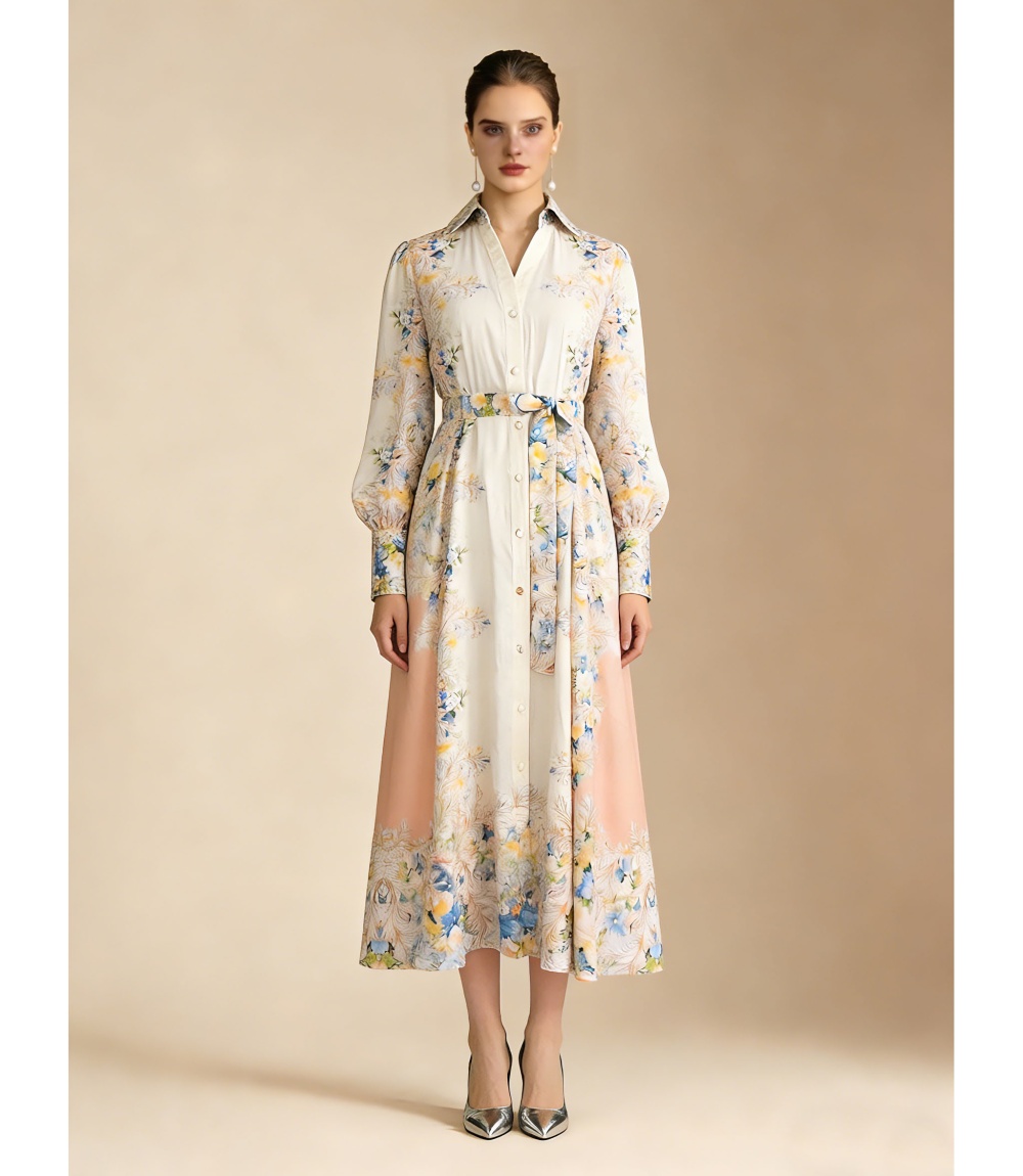 Printing single-breasted seaside vacation flax dress