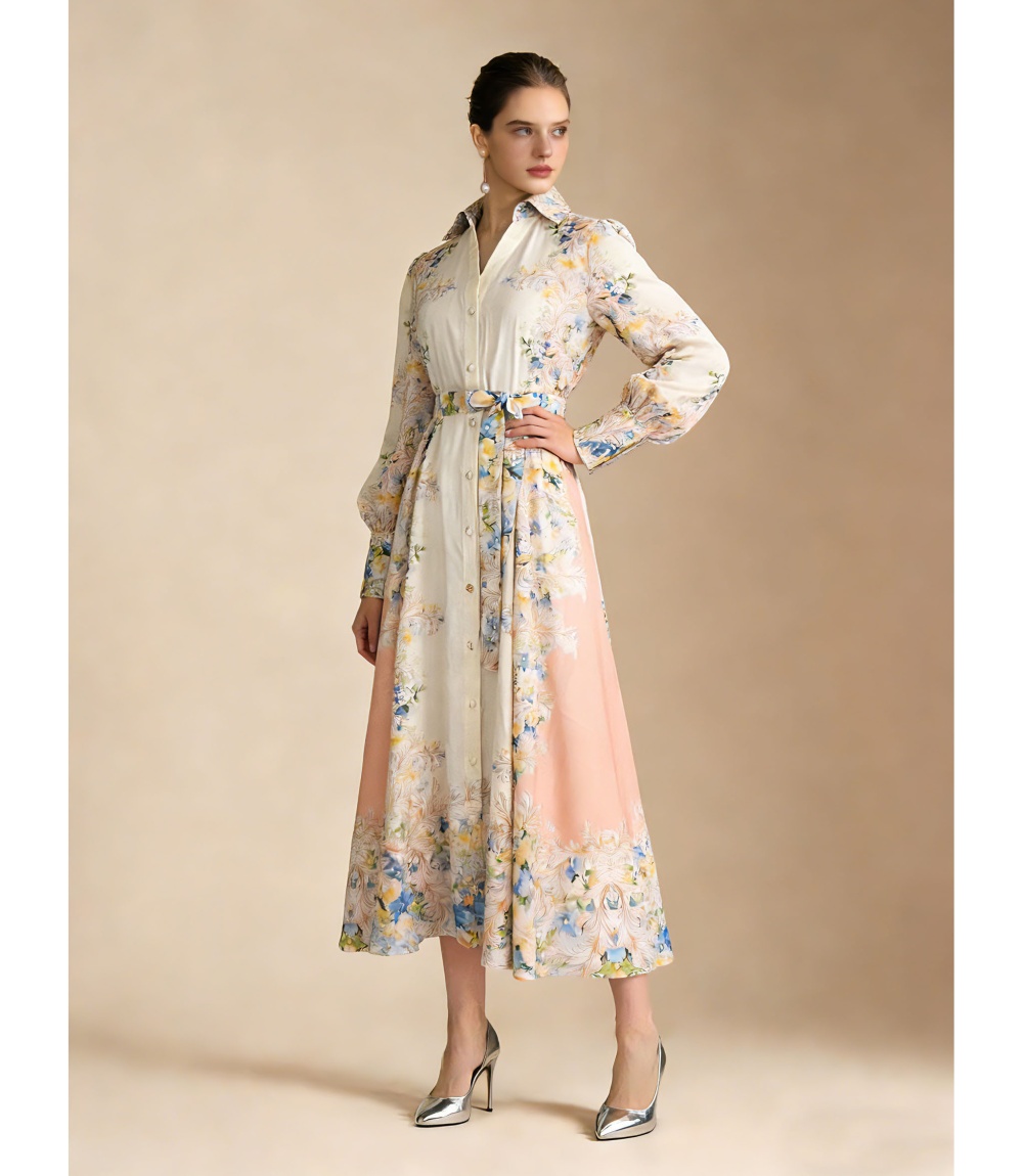 Printing single-breasted seaside vacation flax dress