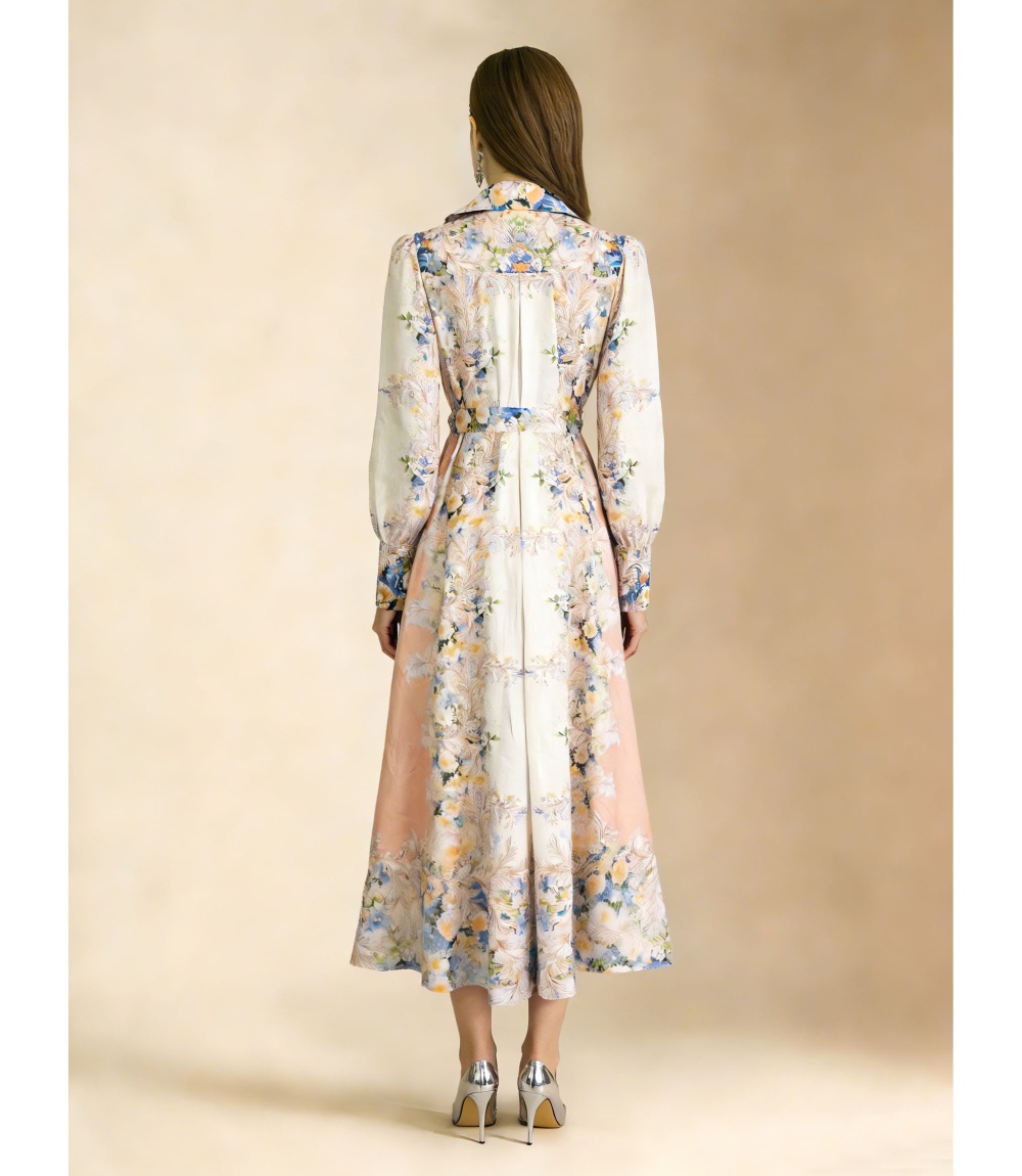 Printing single-breasted seaside vacation flax dress