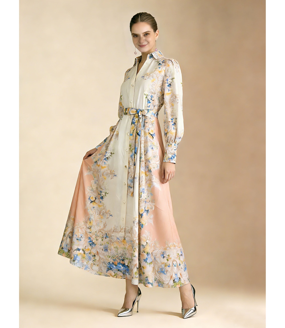 Printing single-breasted seaside vacation flax dress