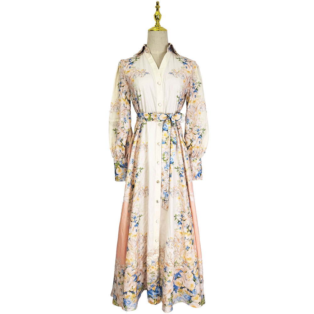 Printing single-breasted seaside vacation flax dress