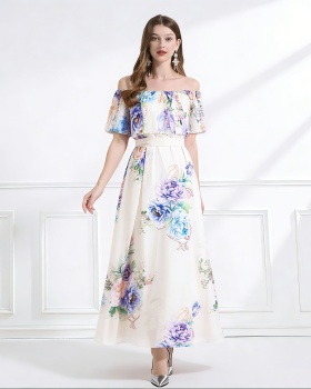 Pinched waist summer seaside lotus leaf edges dress