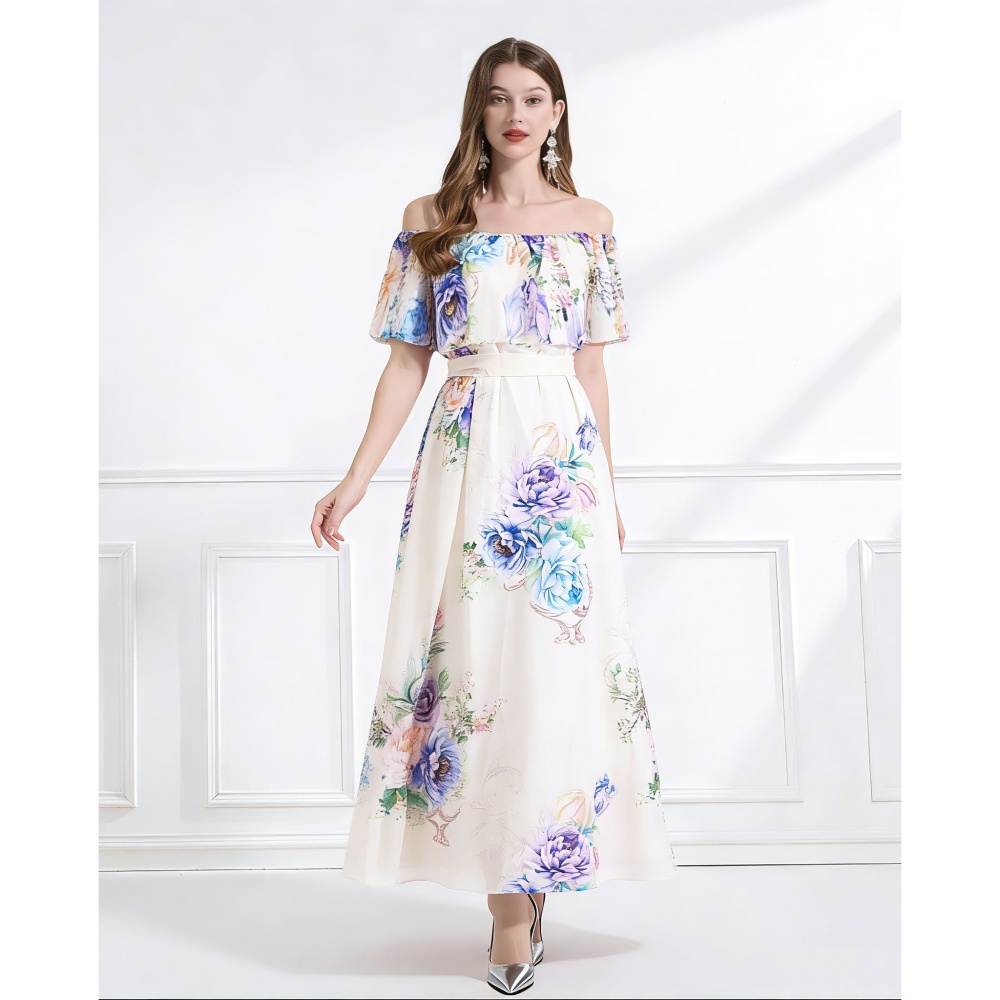 Pinched waist summer seaside lotus leaf edges dress